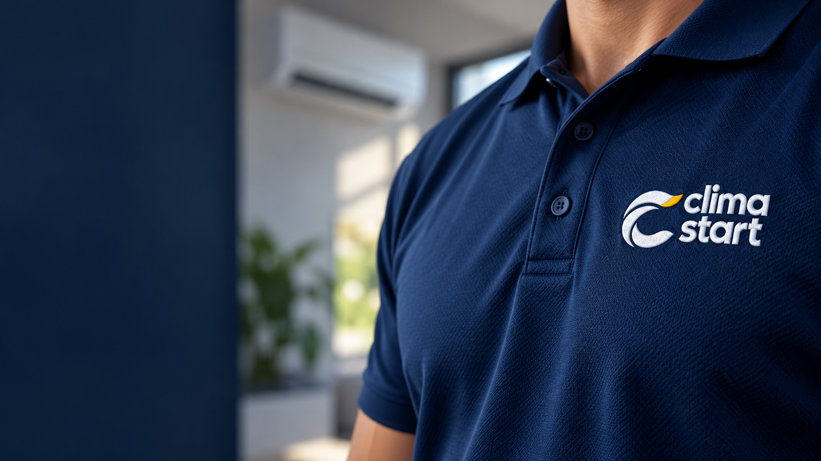 Logo da Clima Start bordado no uniforme azul